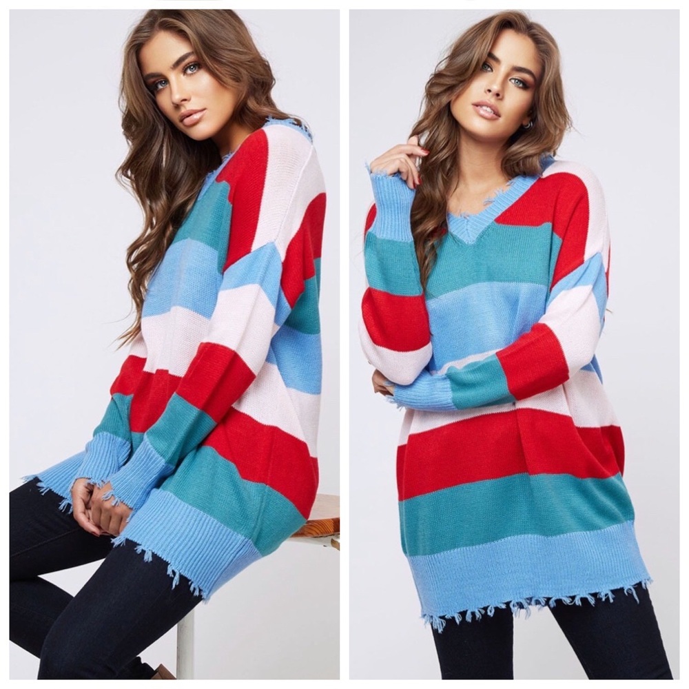 New distressed color block sweater